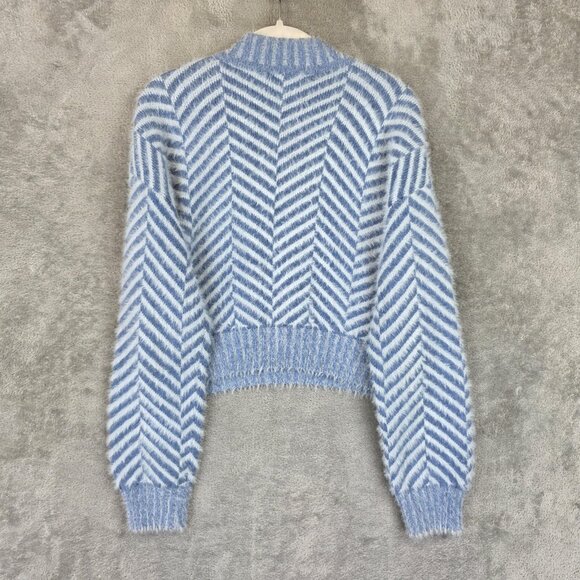C/MEO Collective Sweater Womens XS Blue White Chevron Fuzzy Crewneck Cropped - Picture 10 of 10